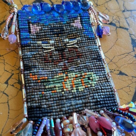 Hand Woven Bead Pouch Necklace Reversible Hummingbird Cat Cottage Boho Trinket - Picture 10 of 16